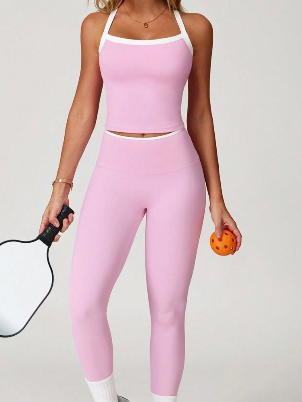 Pink Sporty Women's Vest & Leggings Sports Set